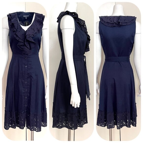 NWT Jones New York Eyelet button Up Navy ruffle twirl Cotton Shirt Dress 6P - Picture 3 of 12